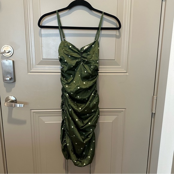 For Love & Lemons Paula Ruched Midi Dress Size XS Green Polka Dot - Picture 2 of 7